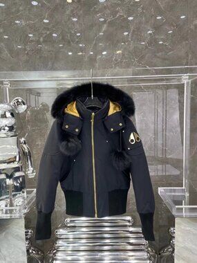Moose Knuckles Black Fur Hood Cropped Bomber Down Jacket Gold Zipper